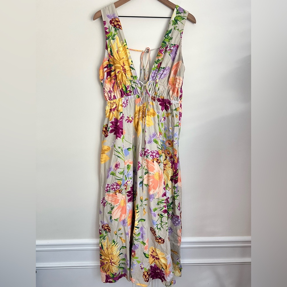 H&M Linen Blend Floral V-Neck midi Dress M